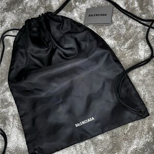 Balenciaga Black Nylon Drawstring Backpack with White Logo